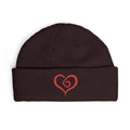 Black beanie with a colorful logo and text on a white background