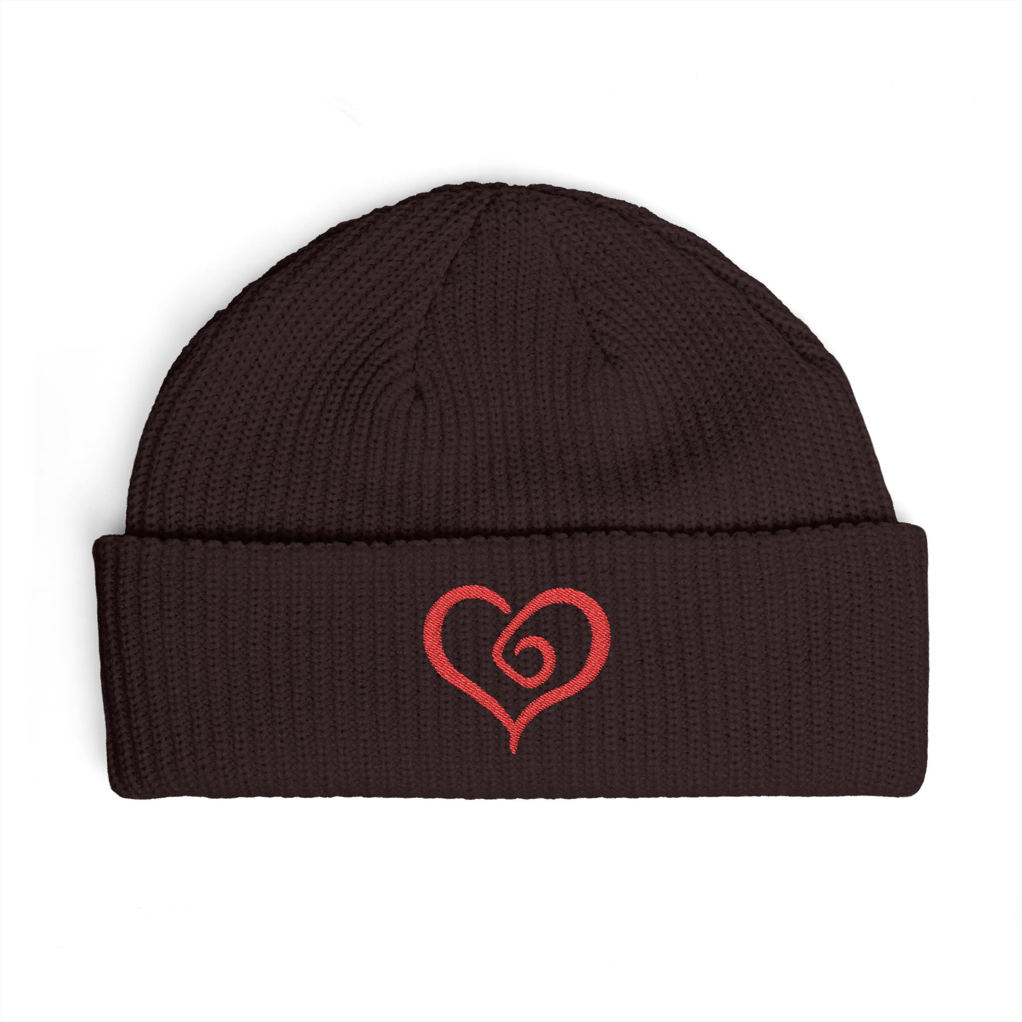 Black beanie with a colorful logo and text on a white background